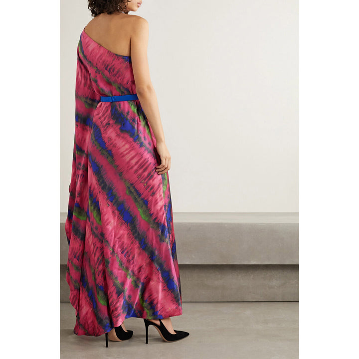 Model Wearing SemSem One-Shoulder Draped Tie-Dyed Silk-Satin Maxi Dress.