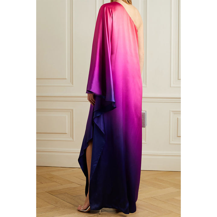 Model Wearing SemSem One-Shoulder Ombré Silk-Charmeuse Kaftan.