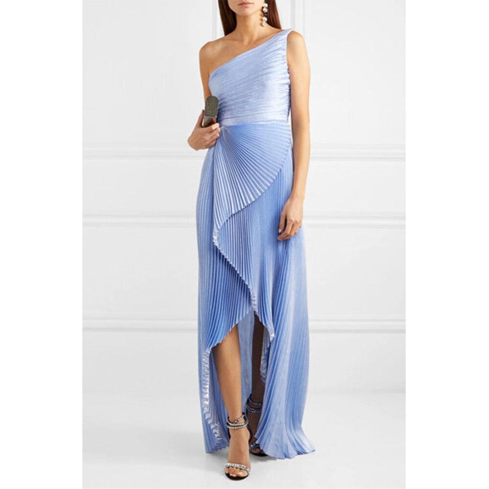 One-Shoulder Silk Metallic Plissé Gown