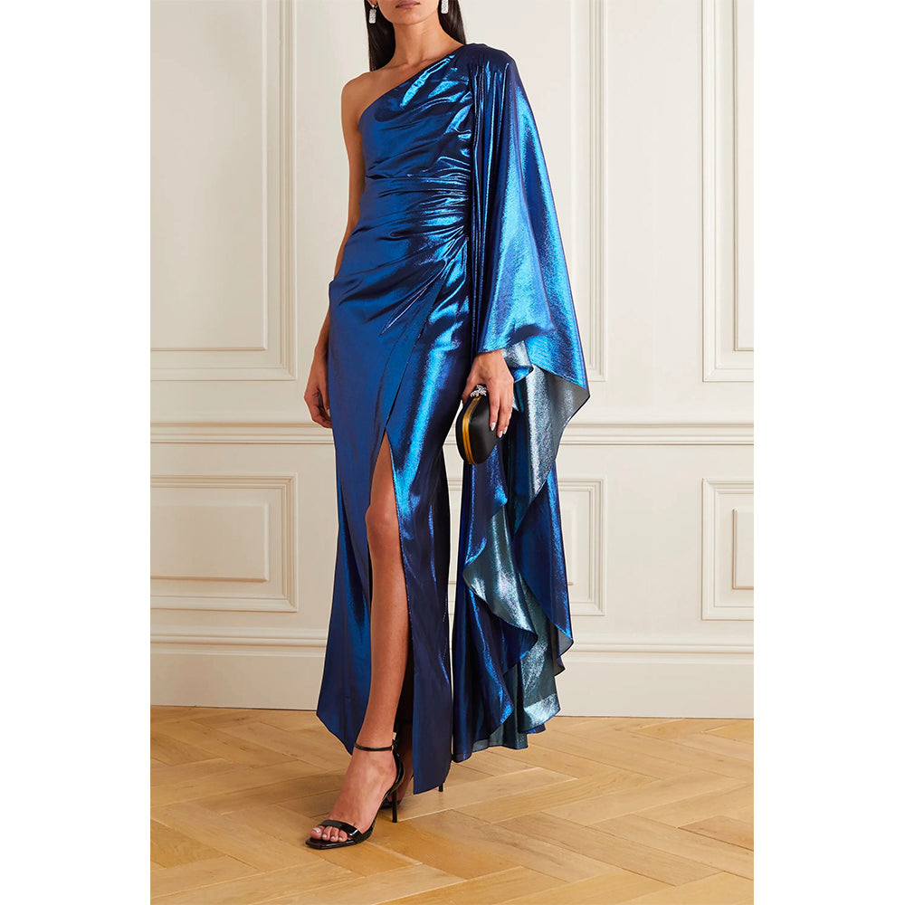 Model Wearing SemSem One-Sleeve Draped Silk-Blend Lamé Gown.