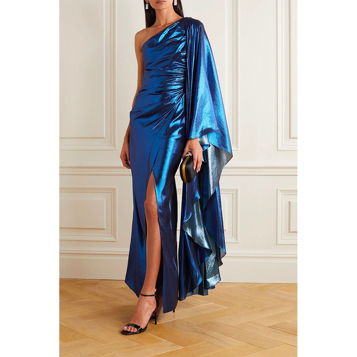 Model Wearing SemSem One-Sleeve Draped Silk-Blend Lamé Gown.