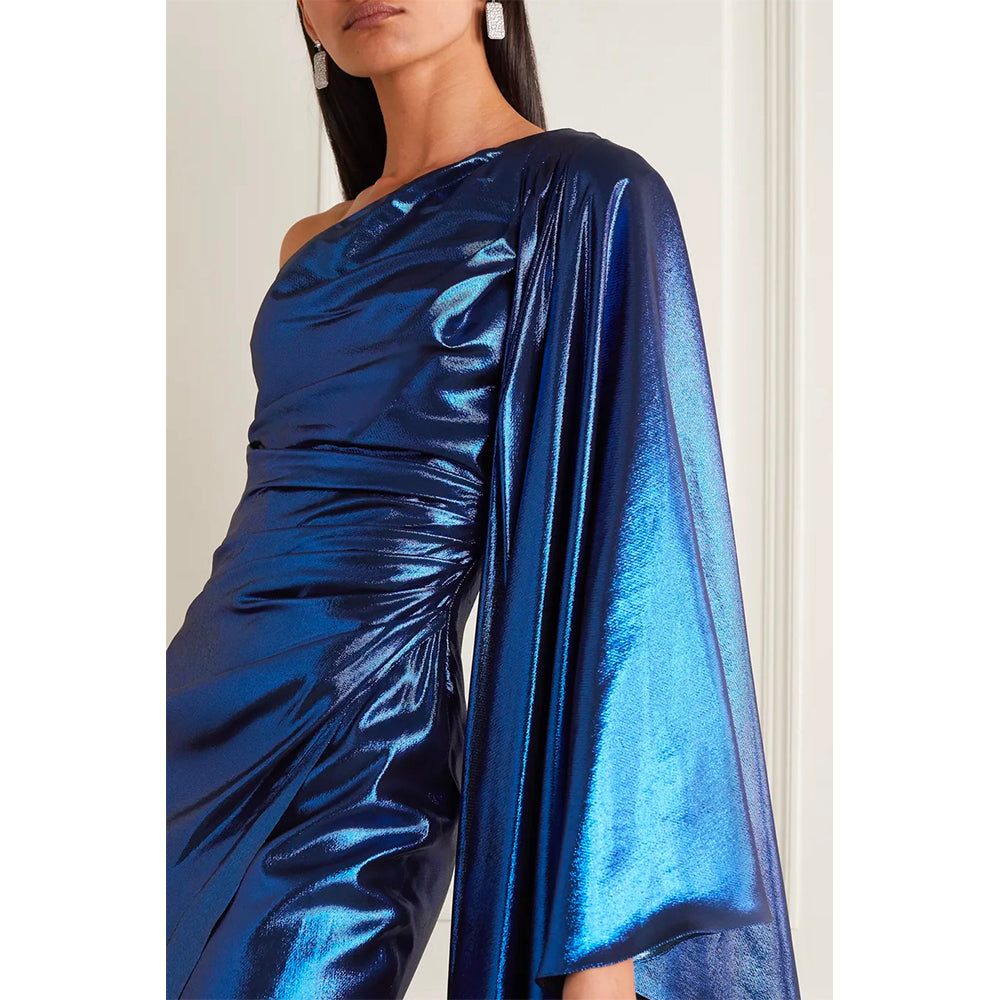 Model Wearing SemSem One-Sleeve Draped Silk-Blend Lamé Gown.