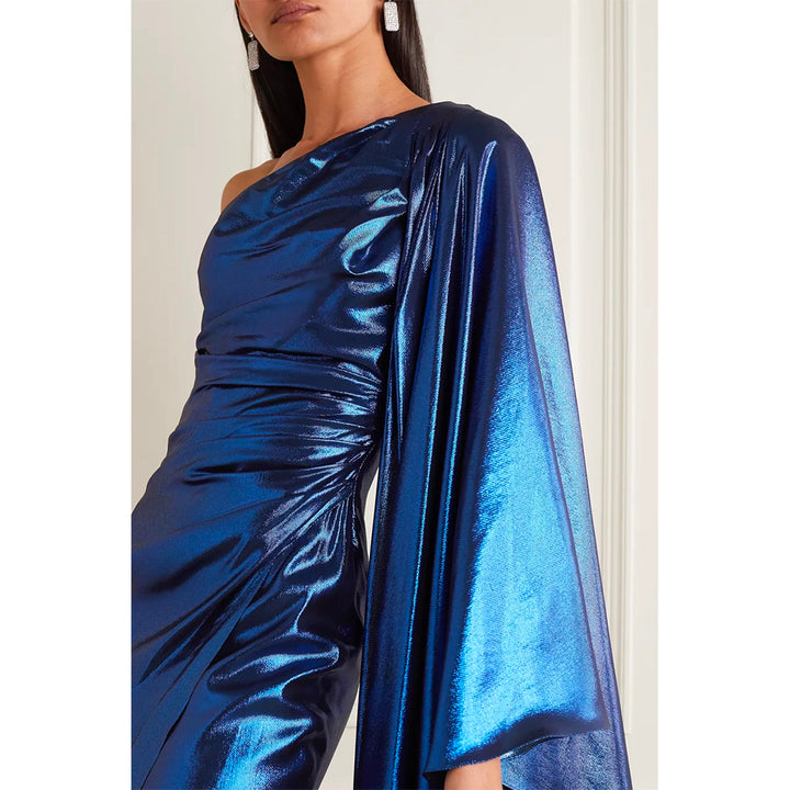 Model Wearing SemSem One-Sleeve Draped Silk-Blend Lamé Gown.