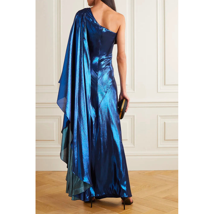 Model Wearing SemSem One-Sleeve Draped Silk-Blend Lamé Gown.