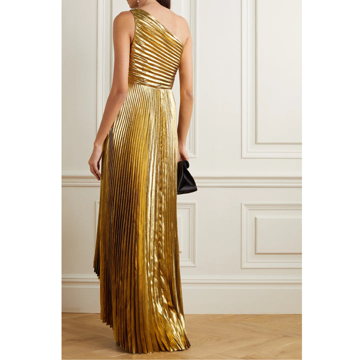 One Shoulder Pleated Gold Lamé Gown