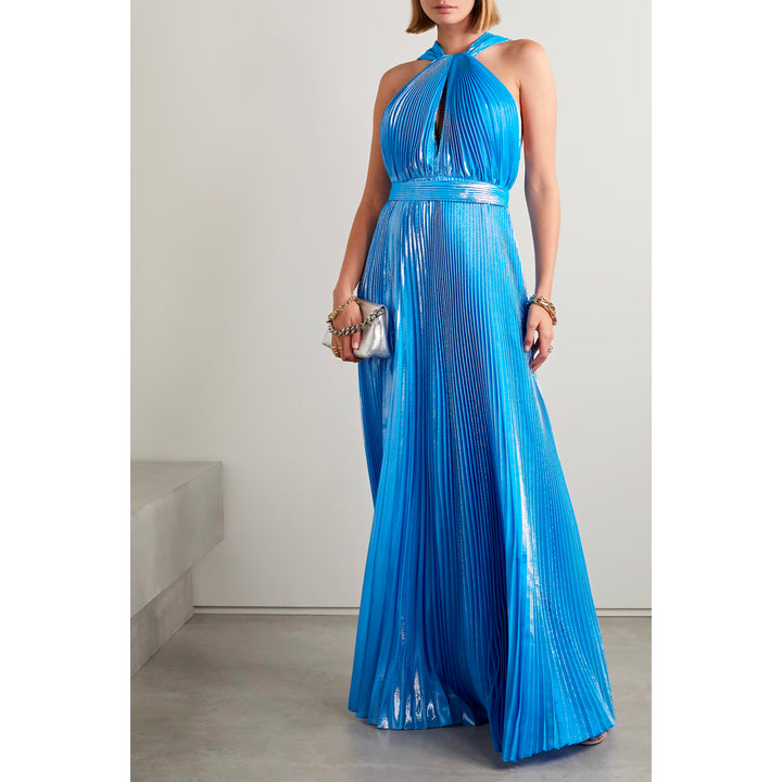 Model Wearing SemSem Sky Blue Metallic Halter Gown.