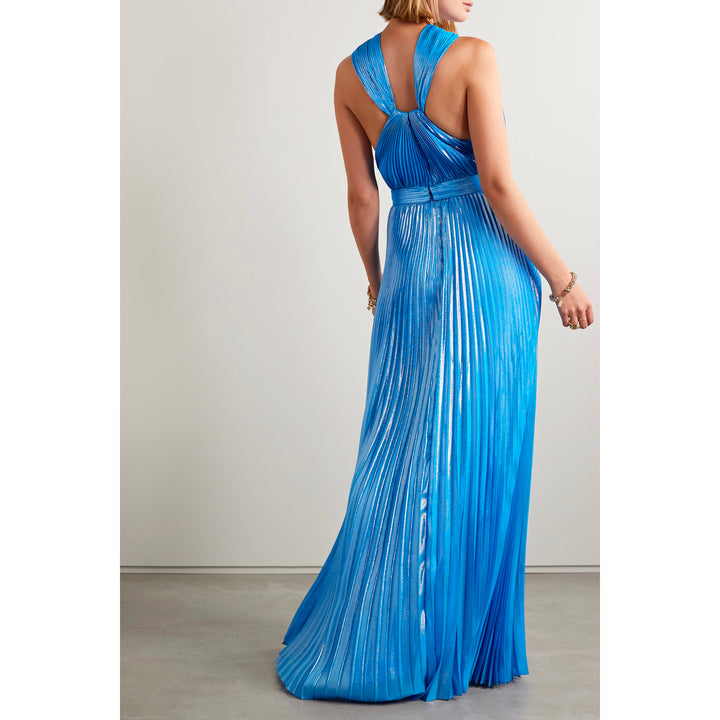 Model Wearing SemSem Sky Blue Metallic Halter Gown.