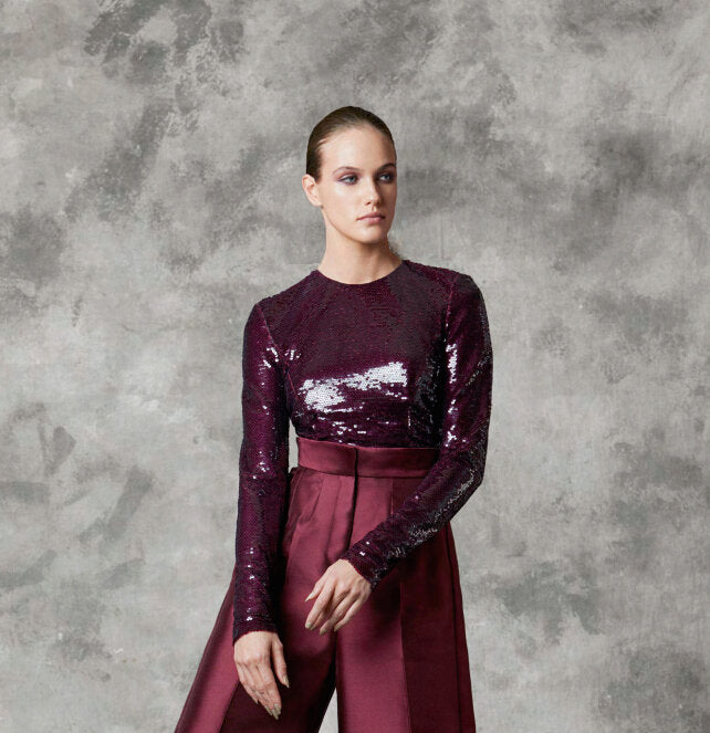 Model Wears SemSem Burgundy Sequin Top.
