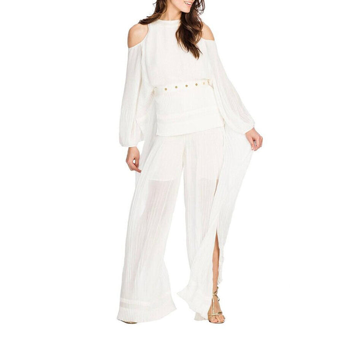 Model Wears SemSem Maryam Pleated Long Sleeve Top - Egret. 
