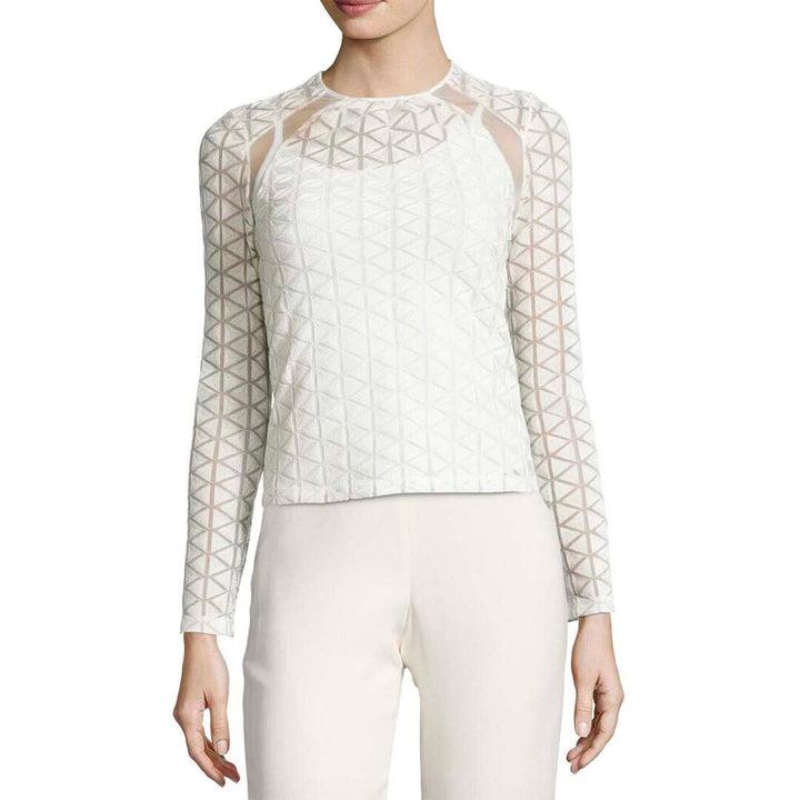 Model Wears SemSem Norah Long Sleeve Embroidered Top - Egret.