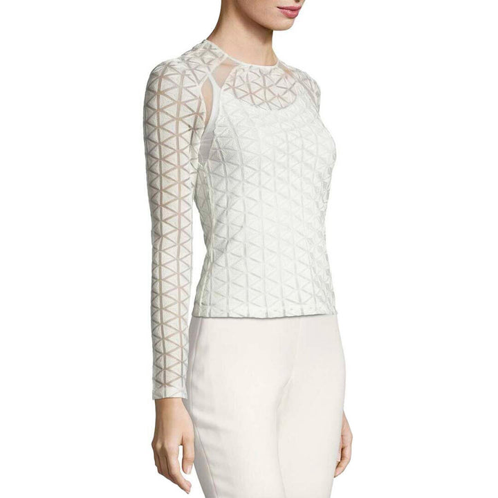 Model Wears SemSem Norah Long Sleeve Embroidered Top - Egret.