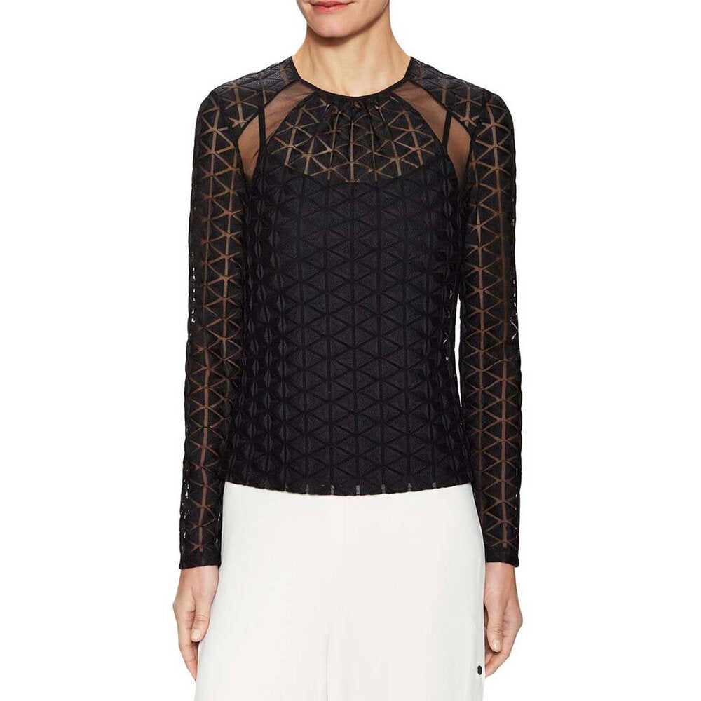 Model Wears SemSem Norah Long Sleeve Embroidered Top - Meteorite.