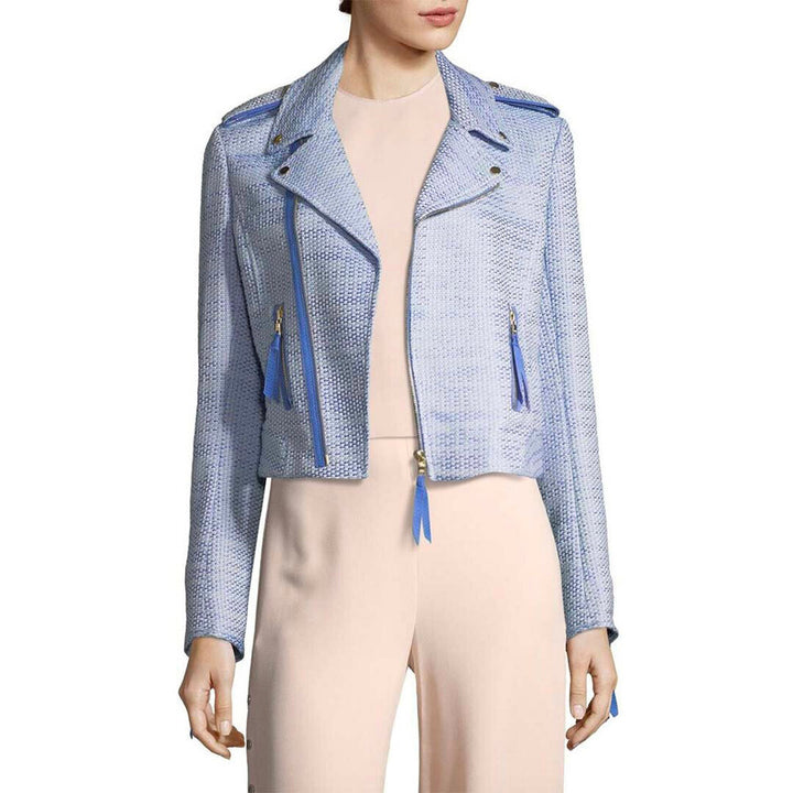 Model Wears SemSem Samia Biker Jacket - Palace Blue.