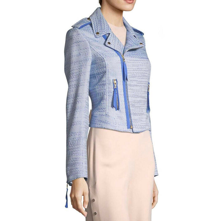 Model Wears SemSem Samia Biker Jacket - Palace Blue.