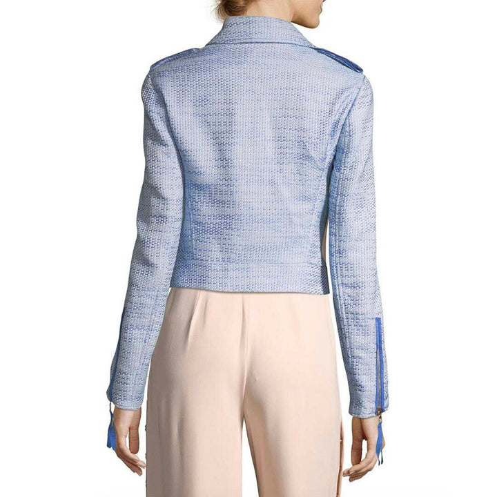 Model Wears SemSem Samia Biker Jacket - Palace Blue.