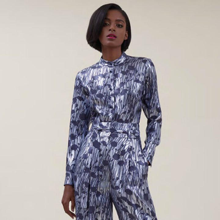 Model wears SemSem Printed Lamé Blouse.