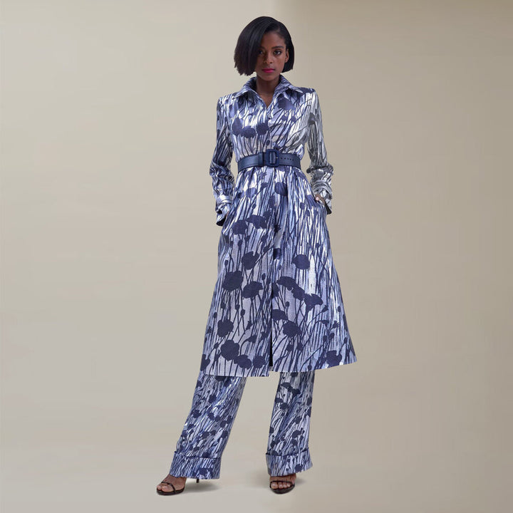 Model wears SemSem Printed Lamé Coat.