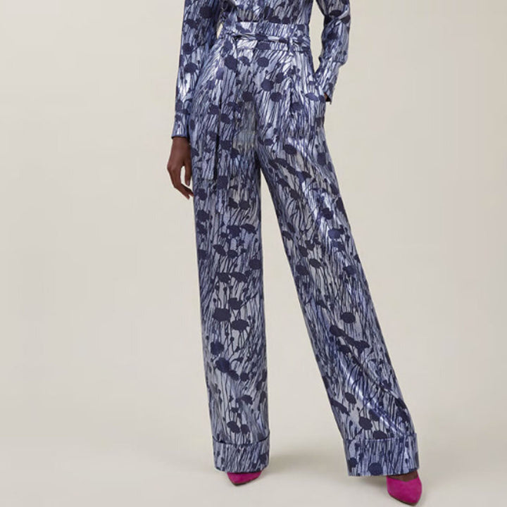 Model wears SemSem Printed Lamé Pant.
