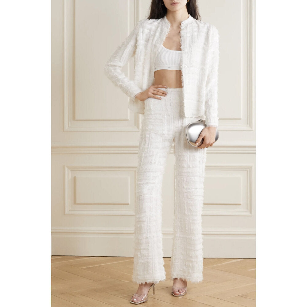 Model wears SemSem Silk Chiffon Embellished Wide Leg Pants.
