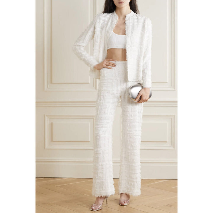 Model wears SemSem Silk Chiffon Embellished Wide Leg Pants.