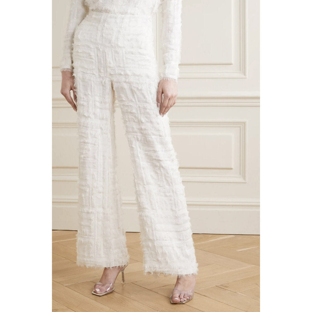 Model wears SemSem Silk Chiffon Embellished Wide Leg Pants.