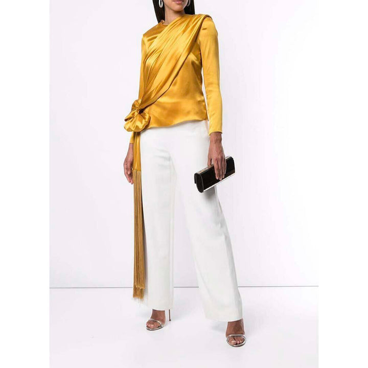 Model wears SemSem Silk Drape Fringe Top w/ Sleeves.