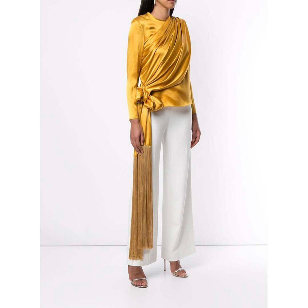 Model wears SemSem Silk Drape Fringe Top w/ Sleeves.
