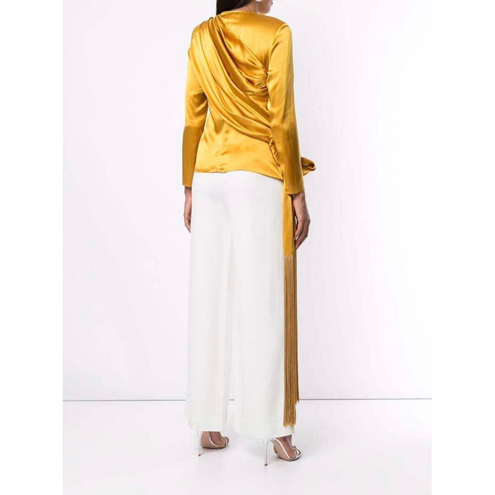 Model wears SemSem Silk Drape Fringe Top w/ Sleeves.