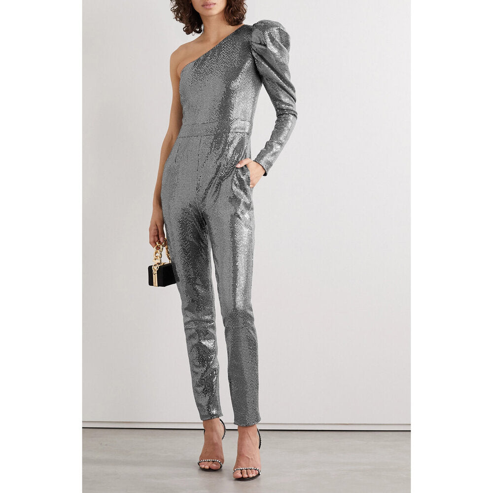 Model wears SemSem Silver Stretch Sequin Jumpsuit.