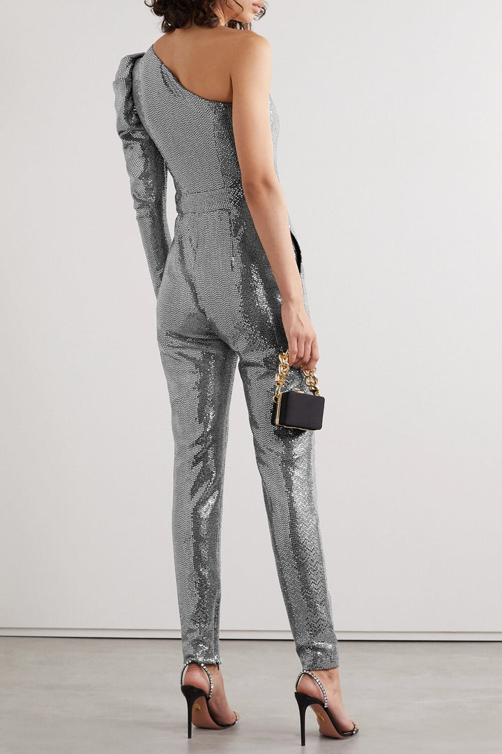 Model wears SemSem Silver Stretch Sequin Jumpsuit.