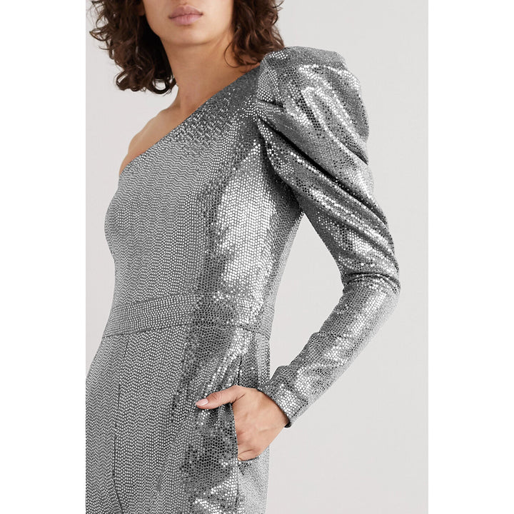 Model wears SemSem Silver Stretch Sequin Jumpsuit.
