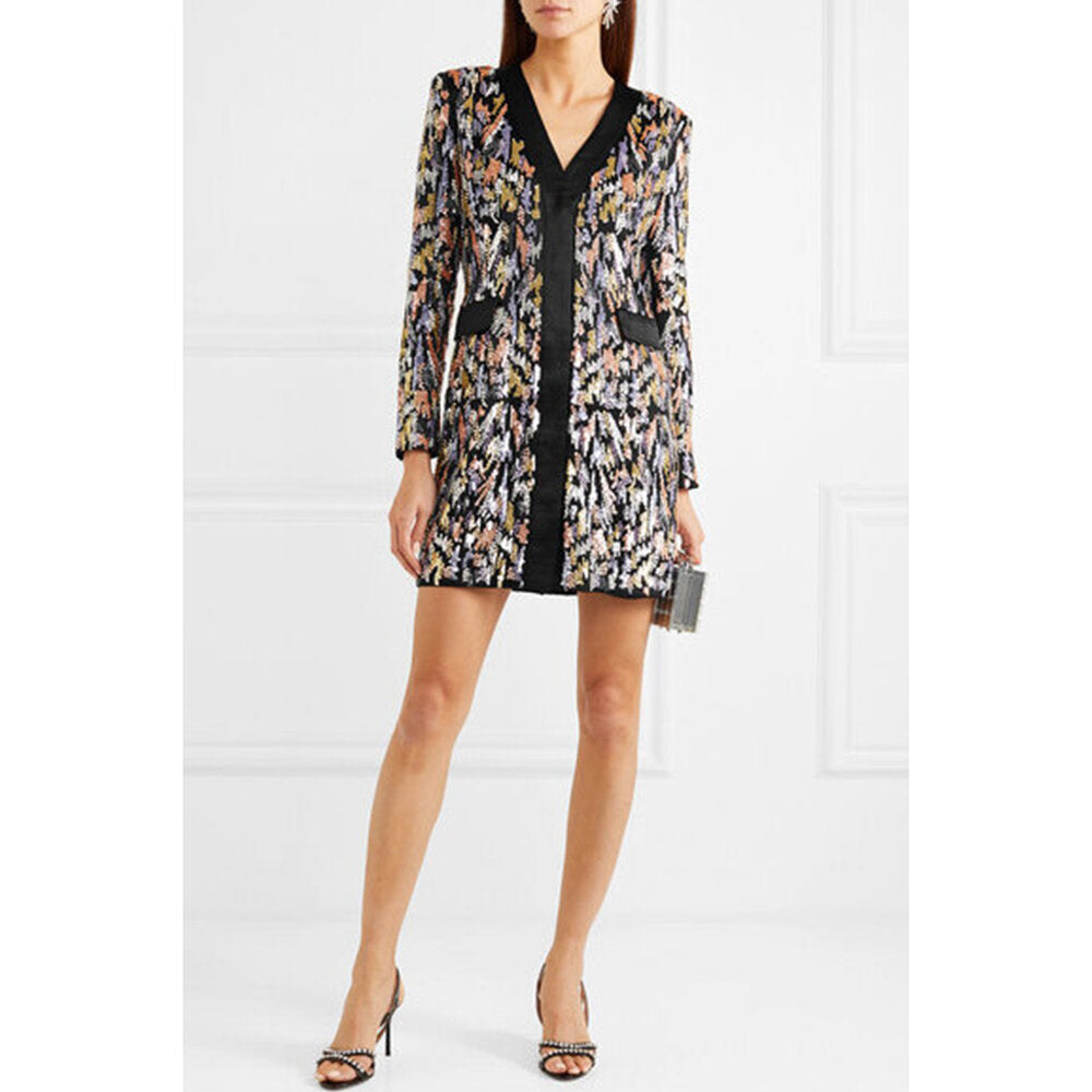 Model Wears Multicolor Sequin & Crystal Blazer Dress.