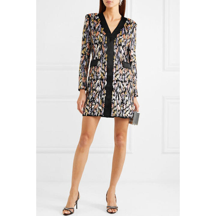 Model Wears Multicolor Sequin & Crystal Blazer Dress.