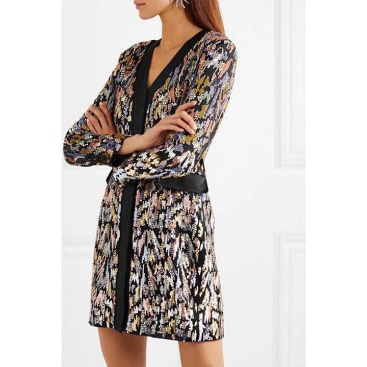 Model Wears Multicolor Sequin & Crystal Blazer Dress.