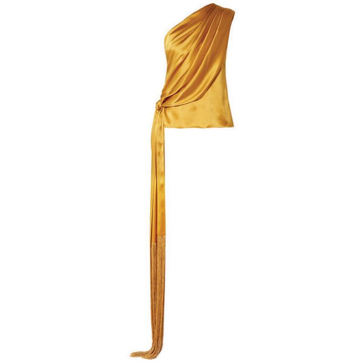 One-Shoulder Fringed Draped Silk-Satin Top