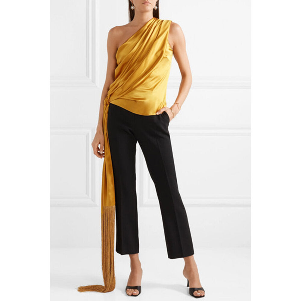 One-Shoulder Fringed Draped Silk-Satin Top