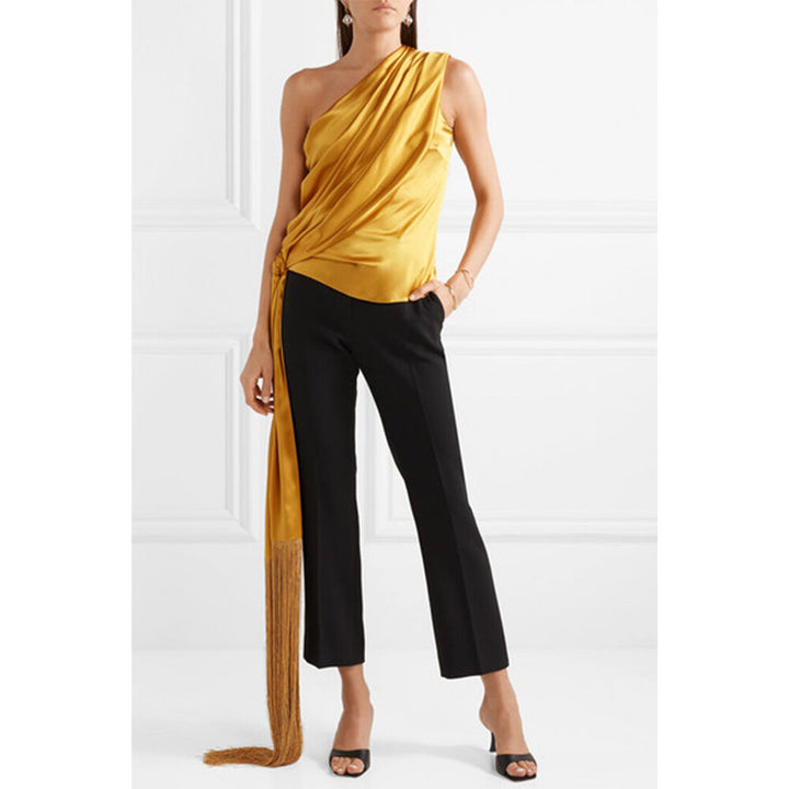One-Shoulder Fringed Draped Silk-Satin Top
