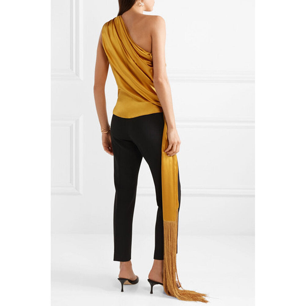 One-Shoulder Fringed Draped Silk-Satin Top