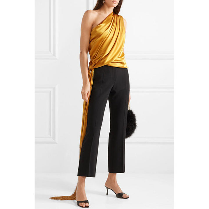 One-Shoulder Fringed Draped Silk-Satin Top