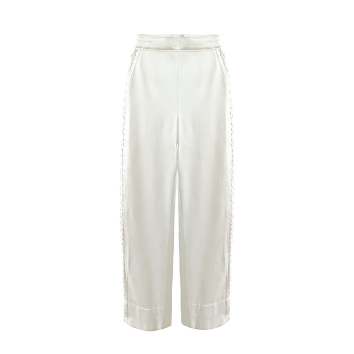 Cream Silk Wide Leg Pants with Lace Detail