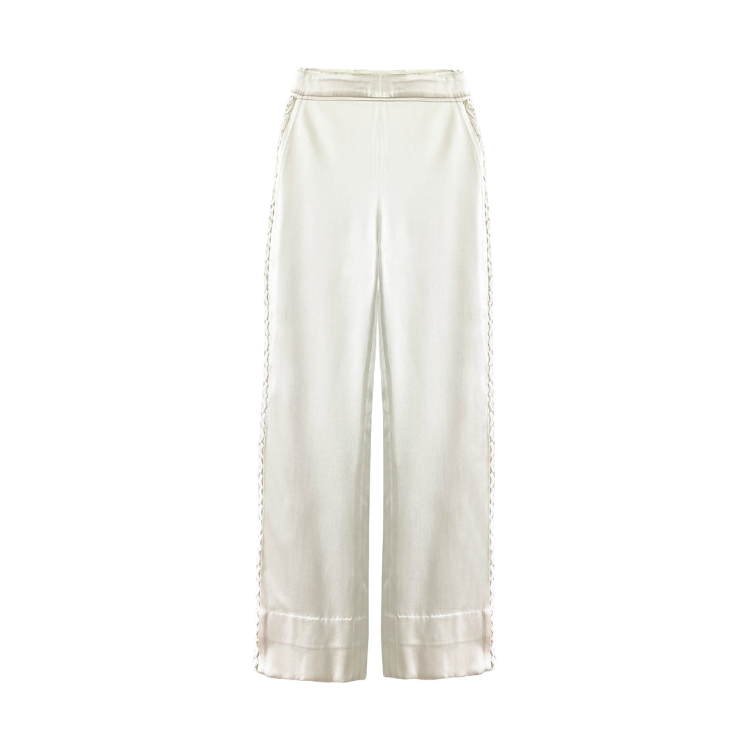 Cream Silk Wide Leg Pants with Lace Detail