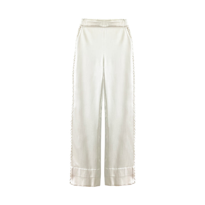 Cream Silk Wide Leg Pants with Lace Detail