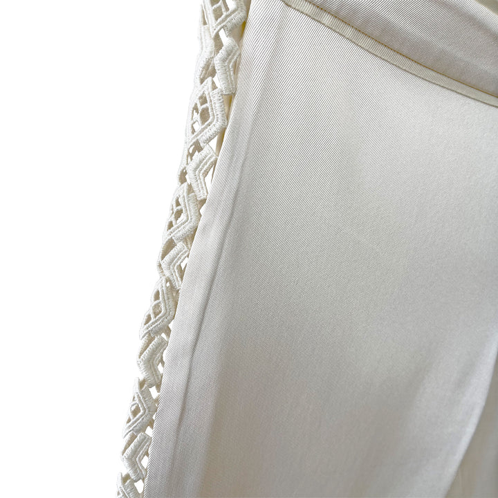Cream Silk Wide Leg Pants with Lace Detail