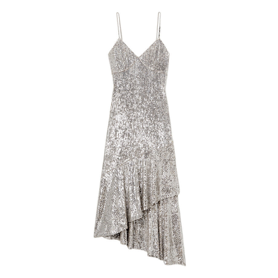SemSem Asymmetric Sequined Tulle Midi Dress.