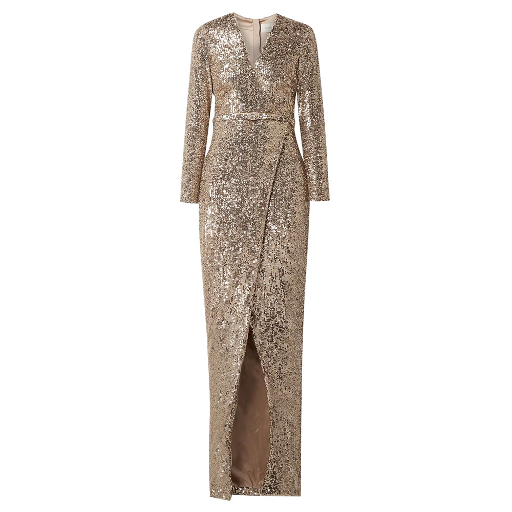 SemSem Belted wrap-effect sequined stretch-tulle gown.