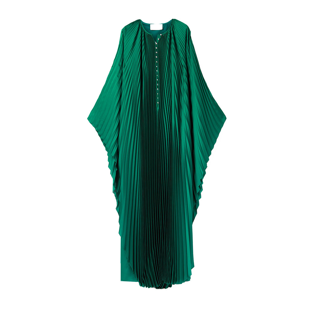 SemSem Crystal-Embellished Plissé-Satin Maxi Dress.