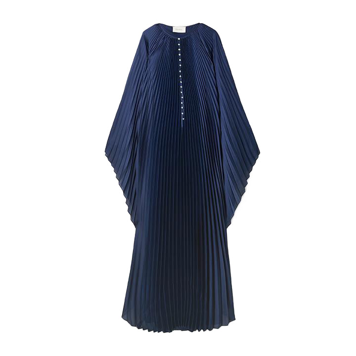 SemSem Crystal Embellished Plissé Satin Maxi Dress.