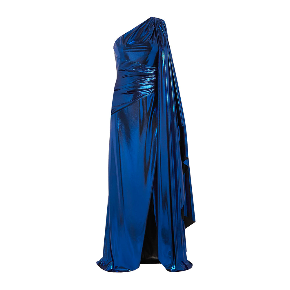 One-Sleeve Draped Silk-Blend Lamé Gown, US 4