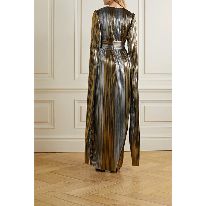 Cape-Effect Plissé-Lamé Gown