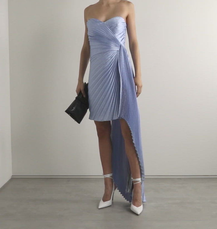 Model Wearing SemSem Draped Pleated Metallic Silk-Blend Crepe Mini Dress.